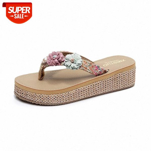 

women beach flip flops bohemia style slippers 2019 summer platform shoes woman slip on flax sandals ethnic female flower slides #xa6i, Black