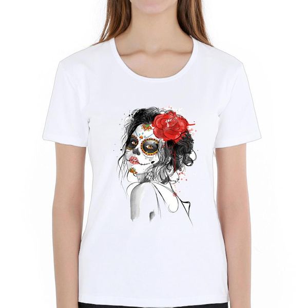 

women's t-shirt day of the dead shirt sugar skull girl with rose tattoo tshirt cool fashion clothes for women maiden big tall size xxxl, White