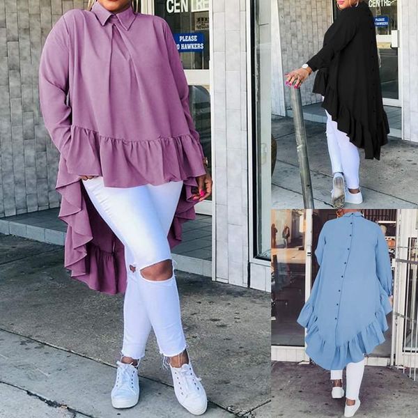 

new autumn asymmetrical ruffles blouse solid color long sleeve loose blusa turn down collar blouses lady workwear 2021, White
