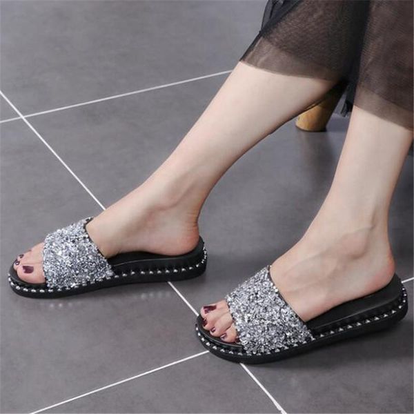 

slippers diweini 2021 silver rhinestone women slides summer beach fashion sandals rivet casual flats shoes shiny, Black