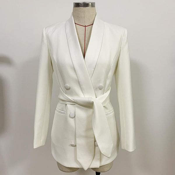 

2021 designer blazer jacket women's double breasted satin shawl collar belted blazer, White;black