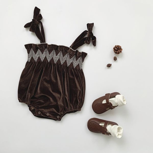 

ins girls' straddling jumpsuit baby climbing suit bow velvet suspenders, White