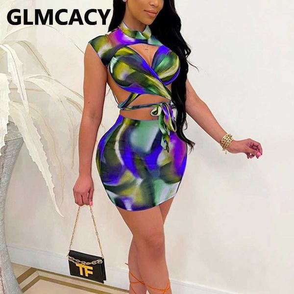 

two piece abstract printed dress suits sleeveless & bodycon mini skirt set 210702, White