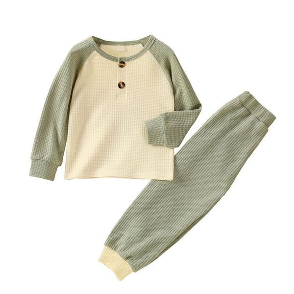 

clothing sets children contrast color clothes set long sleeve o-neck t-shirt with buttons+elastic waist trousers, White