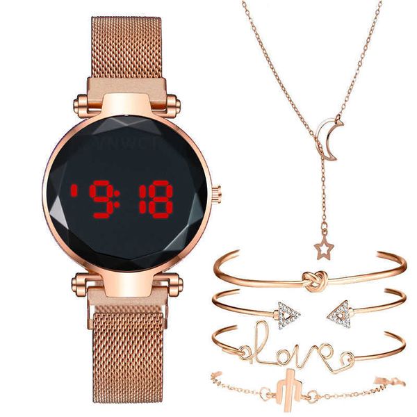 Ímã de luxo relógios digitais, para mulheres, ouro rosa, conduzido, quartzo, pulseira, conjunto de presente, fêmea
