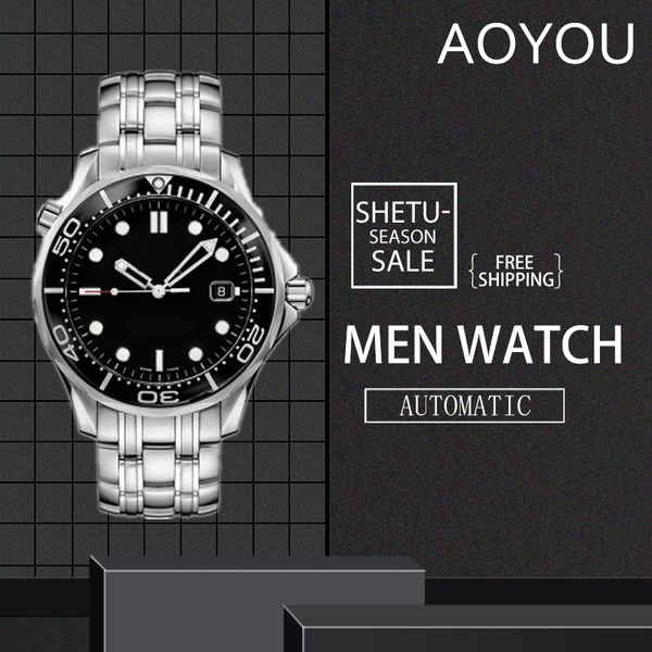 Высочайшее качество 42 мм Автоматические механические наружные мужские часы Часы Черный циферблат с браслетом из нержавеющей стали, вращающийся безель прозрачный чехол обратно