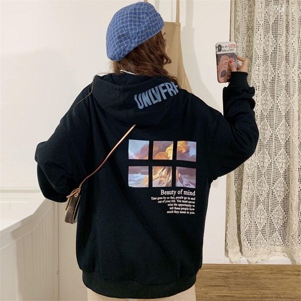 

oversized funny womens sweatshirts streetwear chic leisure hoodies women hooded soft loose simple cartoon printed fashion lj201130, Black