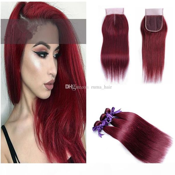 

brazilian 99j pre-colored virgin hair human hair straight weave straight bundles with closure wine red 3 bundles with closure for hair salon, Black;brown