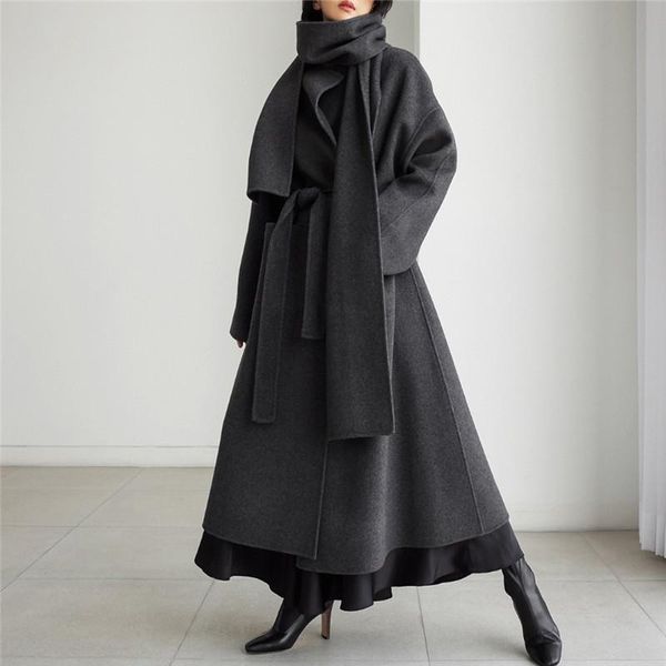

women's wool & blends yourseason ladies bandage coats 2021 winter spring korean loose solid color women neckerchief long jackets, Black