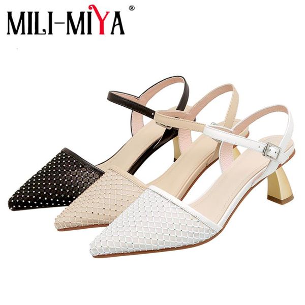 

sandals mili-miya arrival women cow leather breathable mesh pointed toe thick heels buckle strap dress party summer shoes, Black