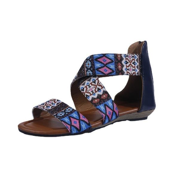 

sandals large size summer women national style flat slope with open toe, Black