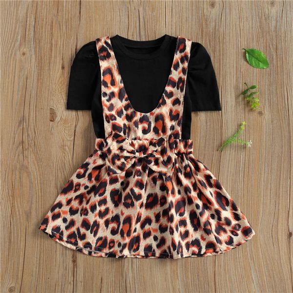 

clothing sets baby short sleeve tshirts leopard print strap bow dress summer children's loose outfits 2pcs children clothes, White