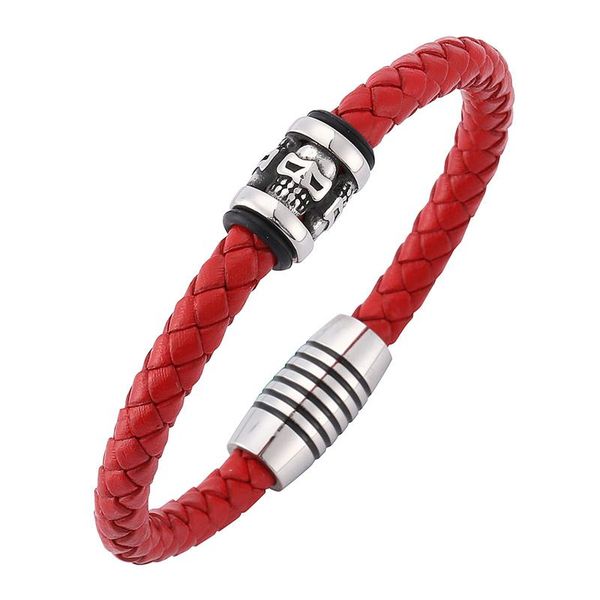 

charm bracelets fashion men jewelry punk skeleton skull bracelet red braided leather magnetic clasps man bracelete gift sp0201, Golden;silver