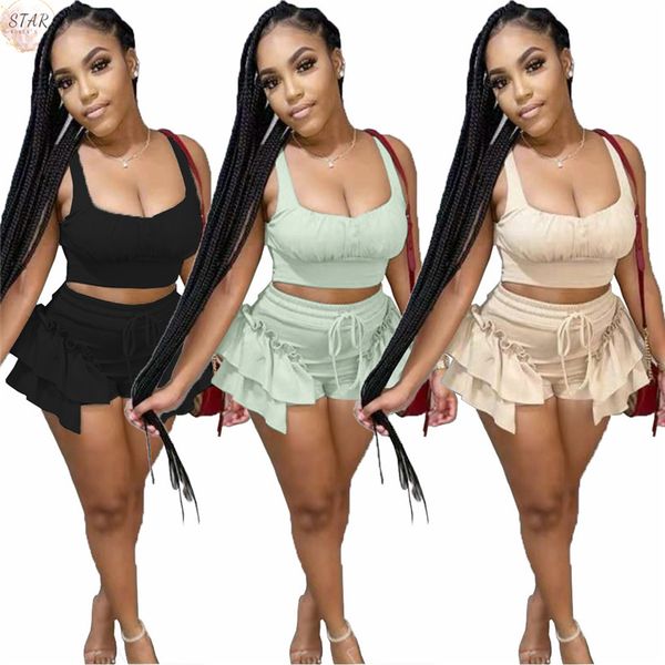 

new 2 piece womens outfits 2021 summer clothes tank cropruffles shorts sets sweet casual tracksuit wholesale dropshpping w9co, Gray