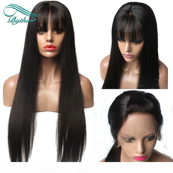 

straight lace front human hair wigs with bangs virgin brazilian lace front wigs bangs pre plucked for black women with baby hair, Black;brown