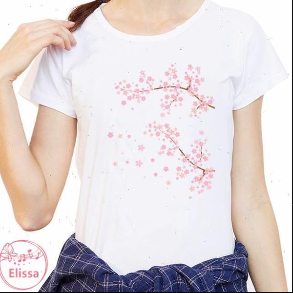 

pink cherry blossom branch t shirt summer cute women t shirt girl aesthetic lovely flowers art print harajuku hallyu female, White