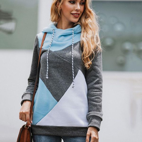 

women's hoodies & sweatshirts long sleeve hoodie geometric stitching ladies drawstring hooded sweatshirt, Black
