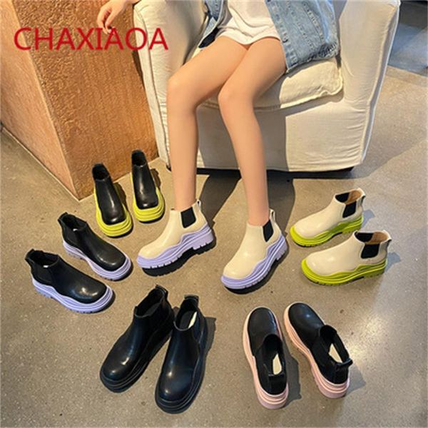 

boots chaxiaoa 2021 candy color women ankle round toe slip on runway ladies platform shoes woman leather knight booots mujer, Black
