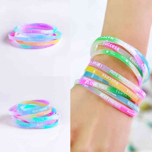 

10pcs child luminous silicone bracelet candy-colored letters movement fashion printing rubber wrist strap baby jewelry, Golden;silver