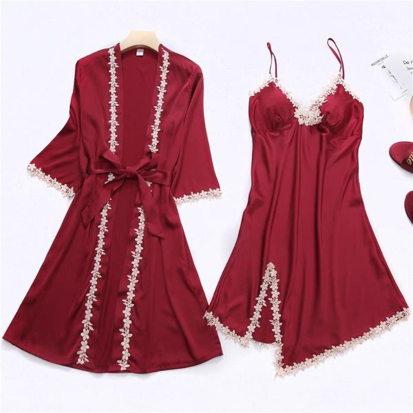 

women's sleepwear 2pcs robe set women intimate lingerie satin nightwear nightdress soft kimono bathrobe gown casual home clothes, Black;red