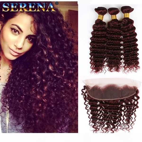 

99j deep wave hair with 13x4 lace frontal brazilian virgin hair deep wave curly 99j wine red hair 3 bundles with closure burgundy colored, Black;brown