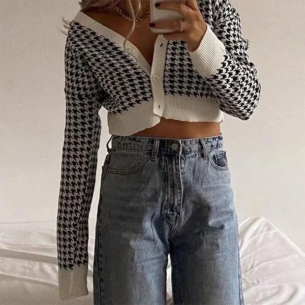 

women's knits & tees northflow cardigans women sweater houndstooth high waist single breasted pull femme sweaters, White