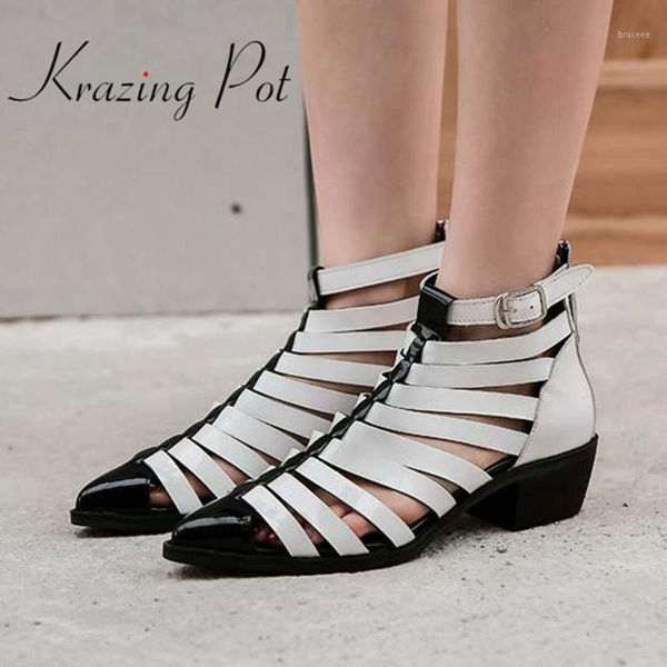 

boots krazing pot mixed color natural leather med heels pointed toe narrow band mature sunscreen breathable zip ankle summer l061, Black