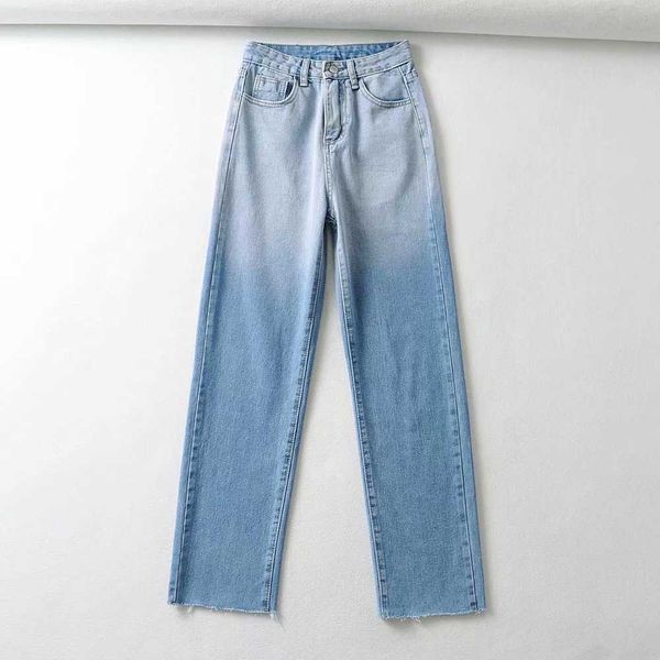 

fashion jeans washed gradient raw 2021 spring ins high waist slim straight pants, Blue