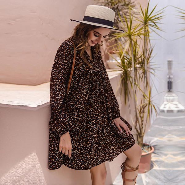 

casual dresses autumn winter print dress women v neck above knee a line for 2021 fashion, Black;gray