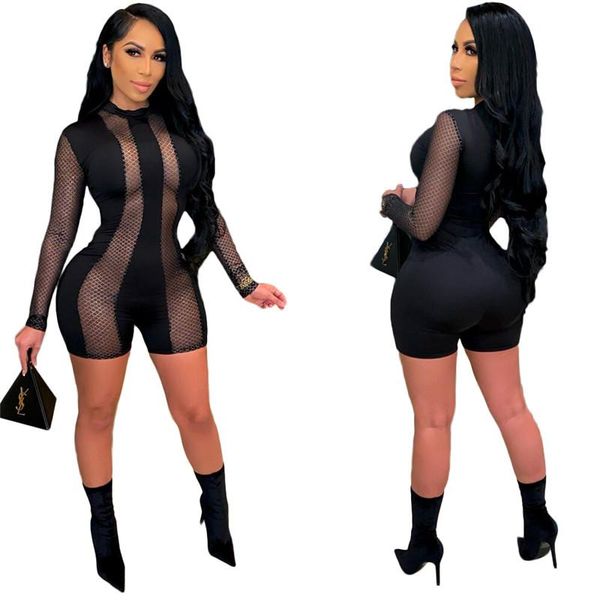 

fashion see-through mesh black stitching women bodysuit long sleeves shorts bodycon casual jumpsuit lady spring summer clubwear, Black;white