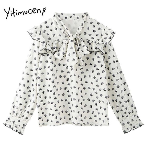 

yitimuceng floral pint blouse women bow lace up shirts v-neck long sleeve straight spring korean fashion chiffon 210601, White