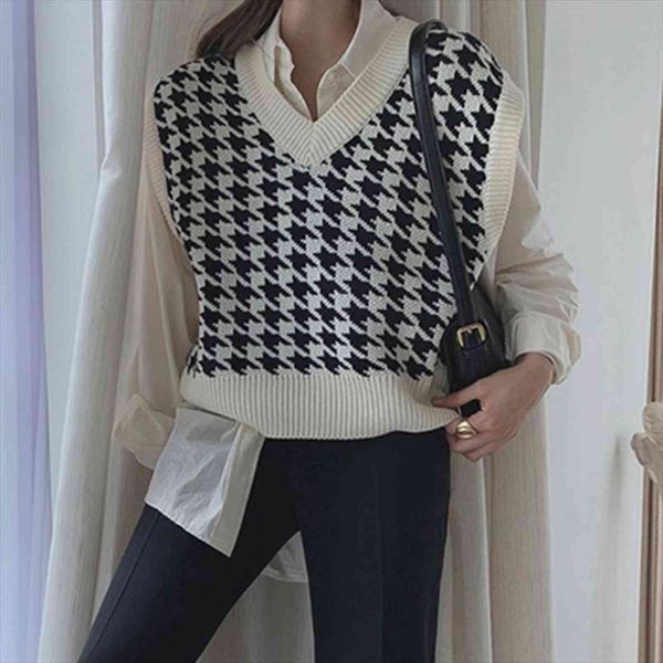 

houndstooth vest womens wool knitted women sweaters autumn loose korean outdoor soft warm sweater waistcoat, White;black
