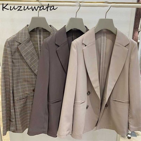 

kuzuwata japanese suits early autumn women jackets simple solid plaid lapel long sleeve pockets double breasted blazers 211006, White;black