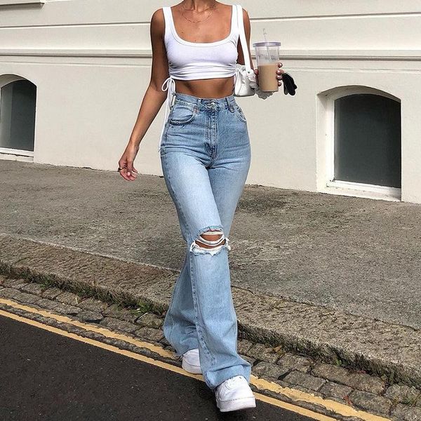 

women's jeans flared pants womens high waist ripped straight leg spring blue fashion trousers ins style -40