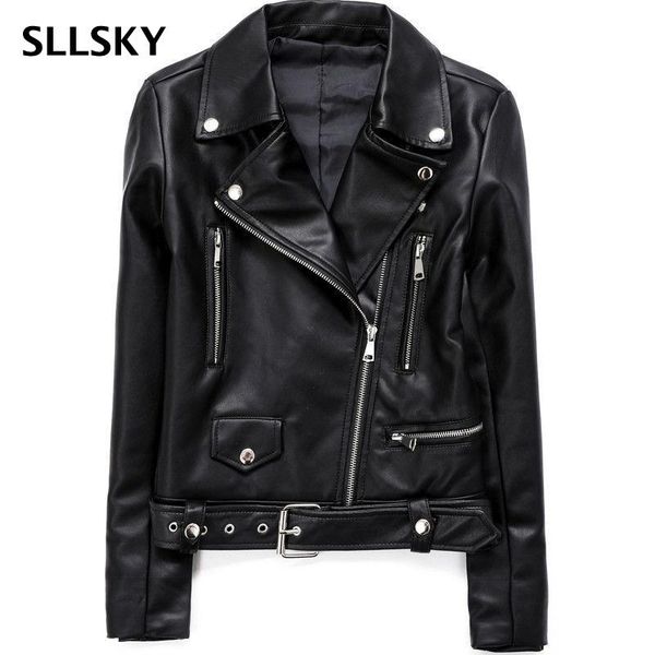 

women's leather & faux sllsky spring autumn black women jackets zipper short basic coat turn-down collar motor biker jacket with belt