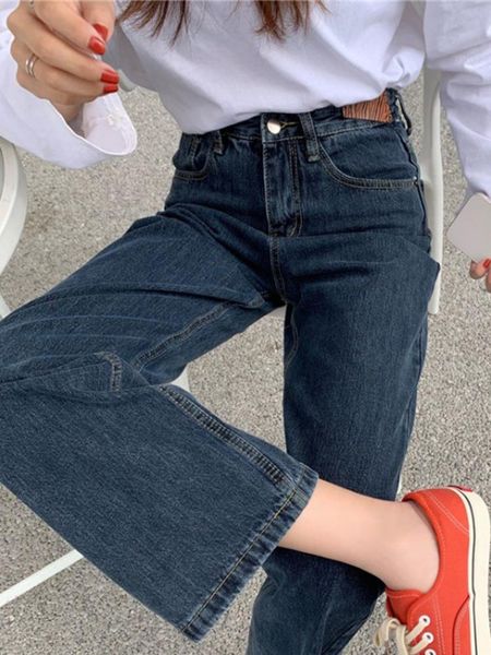 

women's jeans high waist autumn 2021 small wide leg pants loose dark, Blue