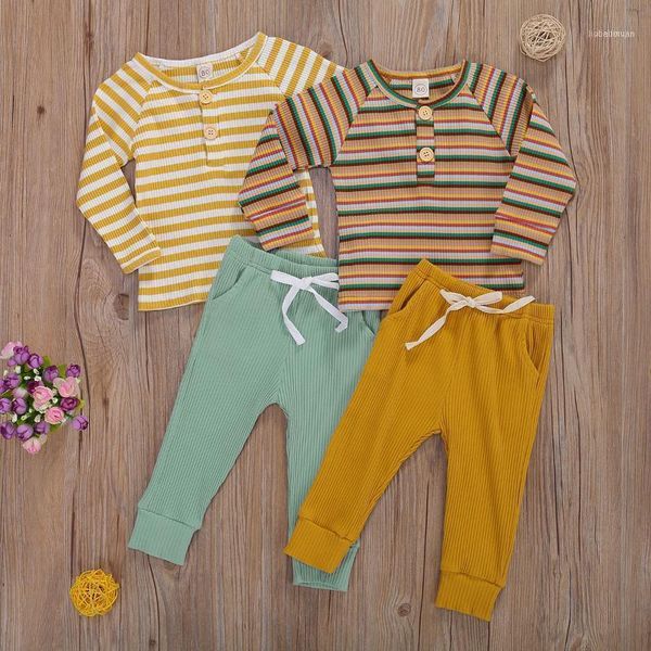 

baby outfit boys costume 2021 button long sleeve striped t-shirts pants knitted set clothing sets daily wear birthday gift1, White