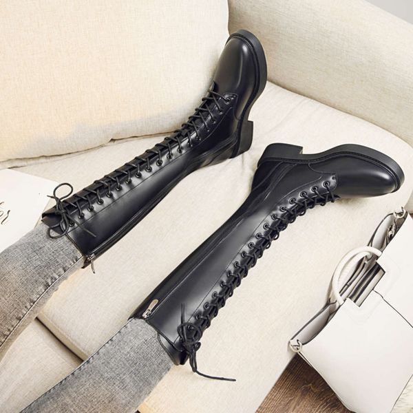 

2020 new autumn lace up high martin women's below knee small knight boots, White;red