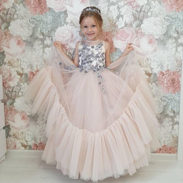 

lace beaded 2020 flower girl dresses a-line sheer neck tulle little girl wedding dresses vintage communion pageant dresses gowns, White;blue