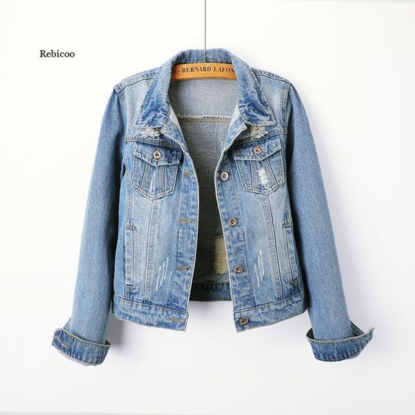 

women's jackets denim jacket women's short slim korean version of the student long-sleeved with holes in large size, Black;brown