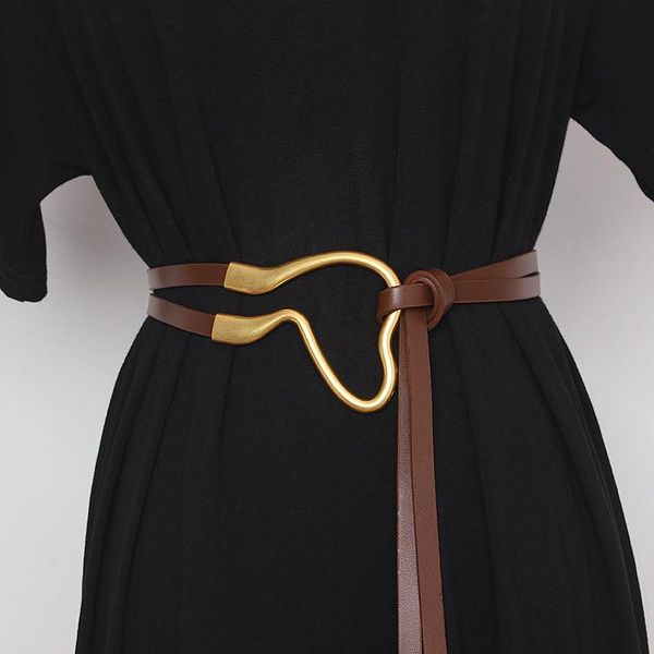 

hatcyggo new women waist belt pu leather corset belts female lrregular metal horseshoe buckle luxury belt vintag long waistband, Black;brown