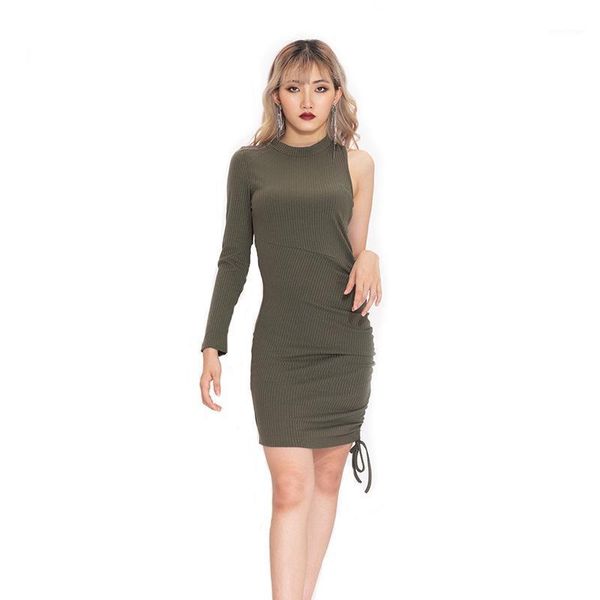 

autumn winter dress for women 2021 solid single sleeve high waist ladies dresses slim fit fashion casual, Black;gray