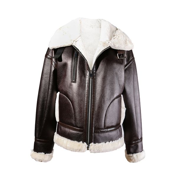 

2021 new leather faux lamb fur jackets short thick coat female parkas winter jacket women pp220 tjk2, Black