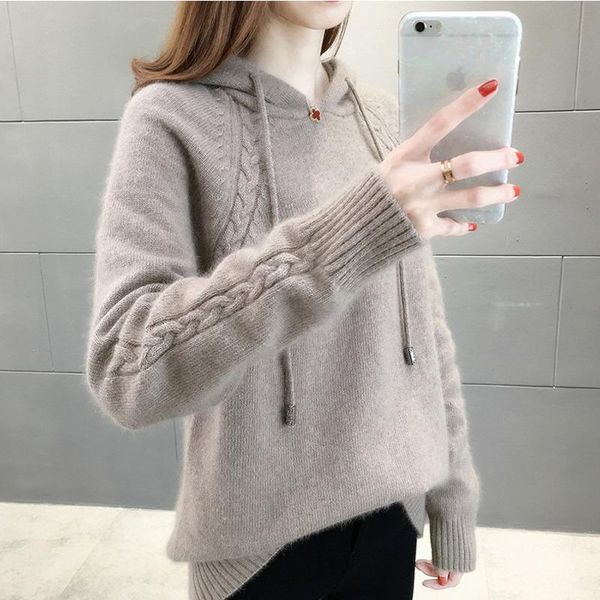 

women's sweaters 2021 autumn winter lazy style loose pullover sweater coat solid color long sleeve hooded clothes female, White;black