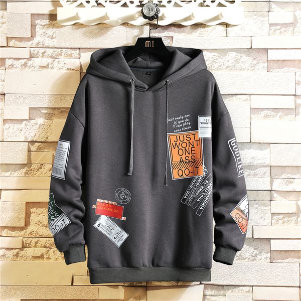 

japan style casual o-neck spring autumn print black hoodie sweatshirt men's thick fleece hip hop high streetwear clothes kg-6