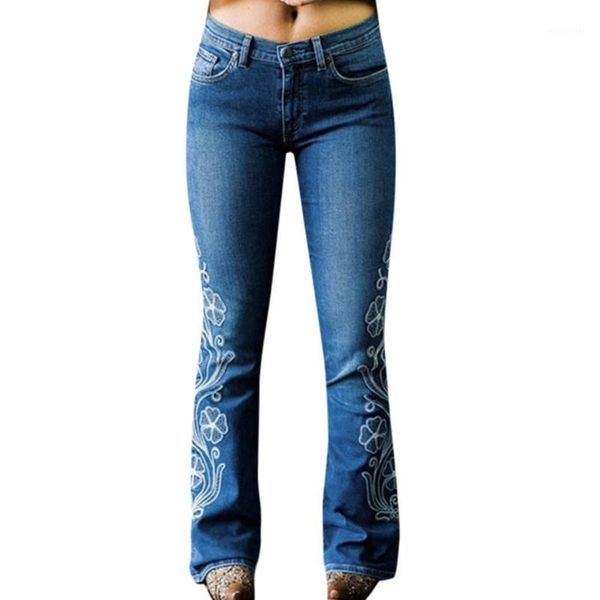 

women's jeans jaycosin 2021 summer woman pants high waist embroidery button pocket trousers bell-bottom jean femme 2021jun18, Blue