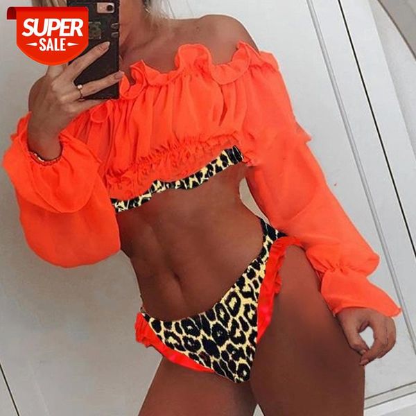 

Sexy Mesh Neon Green Long Sleevewomen Swimsuit High Waist Off Shoulder Snake Print Bikini 2021 Summer New #Pl16, White;black