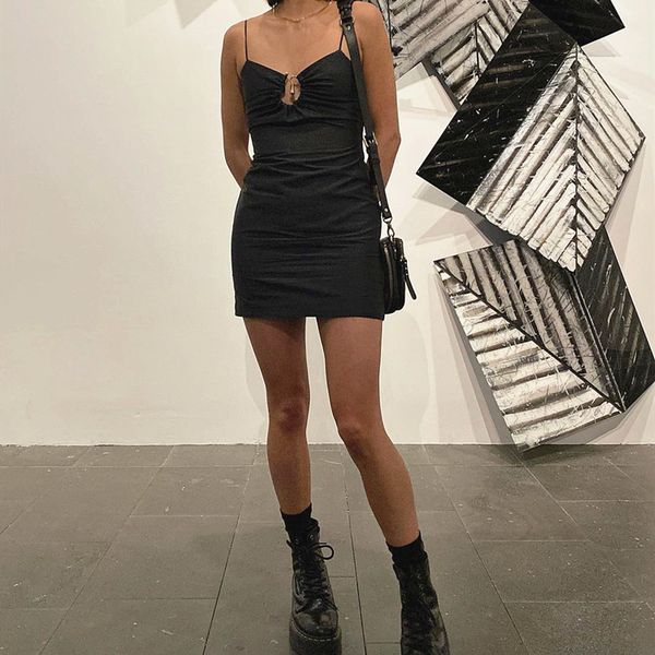 

Sexy Cut-Out V-Neck Sleeveless Short Slip Dresses Evening Club Party Solid Womens Mini Dress Clothes, Black