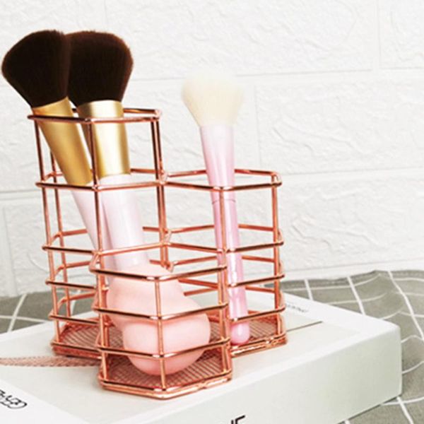 

makeup brushes rose gold iron hollow desk pencil holder rack storage shelf stationery decor container