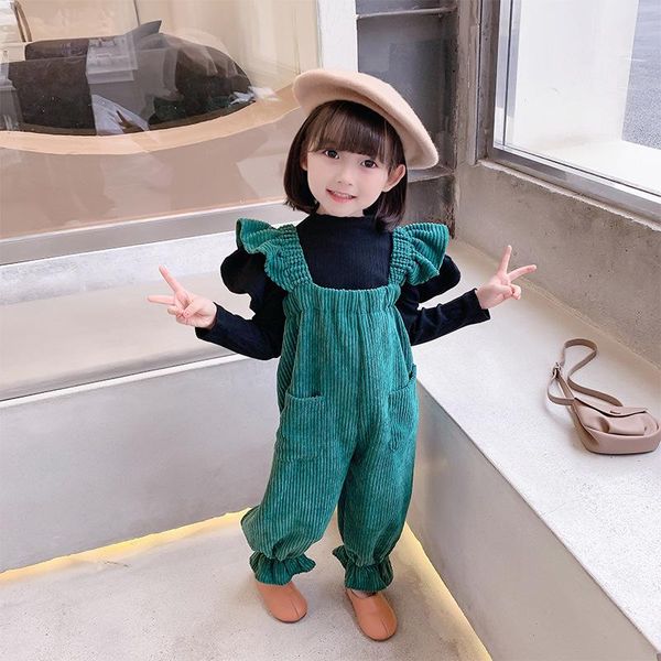 

jumpsuits girls velvet self-heating bottoming shirt and corduroy overalls toddler children fashion trousers outfit 2-6y, Blue
